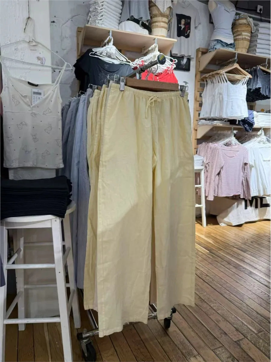 Yellow Drawstring Straight Sweatpants Women Linen and Cotton Casual High Waist Sport Long Pants Sweet Cute Preppy Style Trousers