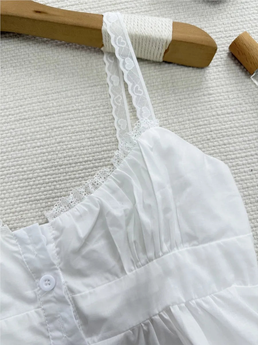 Sweet White Lace Trim Buttons Tank Tops Women Summer New Cotton Backless Sexy Slim Cropped Vests Preppy Style Chic Camisole Y2K