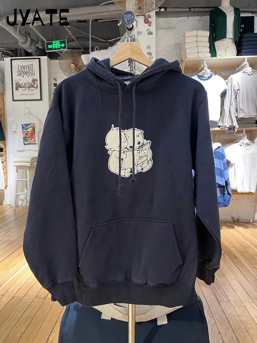 Harajuku Angel Cats Print Hoodies Women Pockets Cotton Soft Casual Streetwear Pullover Tops Vintage Loose Sweet Y2K Sweatshirts