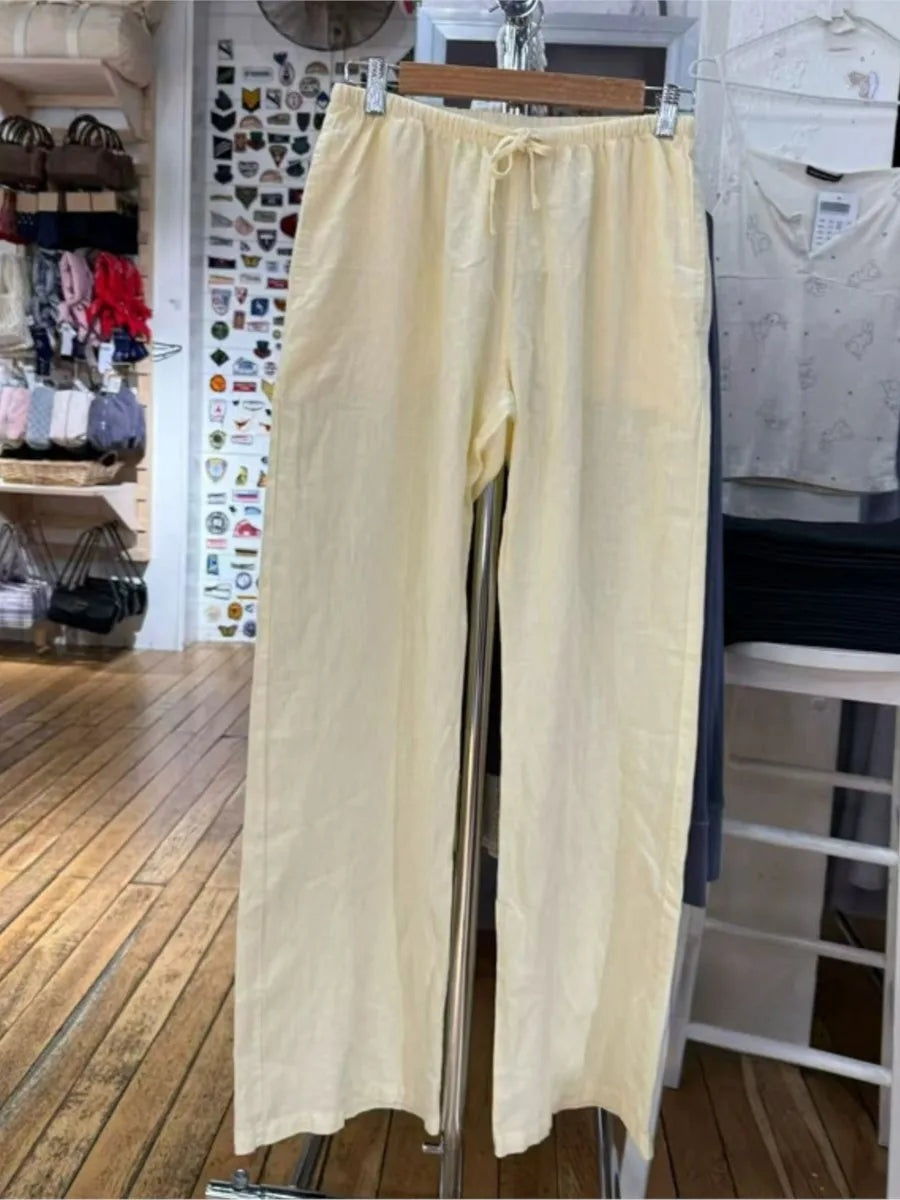 White Drawstring Straight Sweatpants Women Spring Y2K Cotton Linen Casual High Waist Trousers Sweet Cute Sport Long Pants New