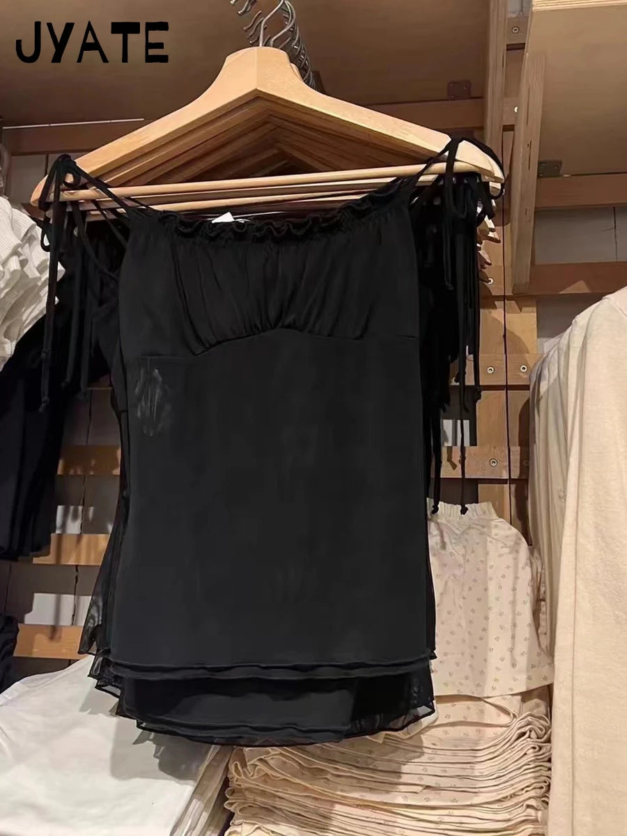 Simple Mesh Sheer Ruffle Tank Tops Women Summer Casual Lace-up Folds Sexy Shoulder Straps Camisole Sweet Cute Chic Crop Top Y2K