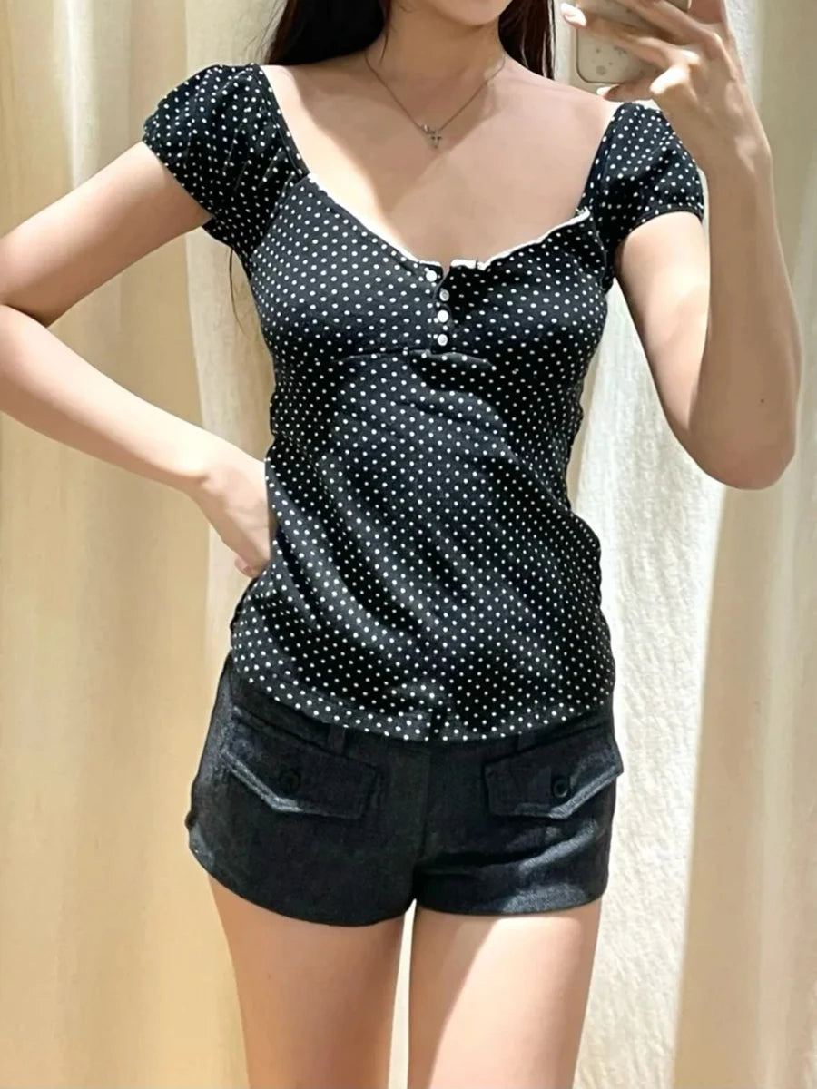 Polka Dot Lace Trim Square Collar T-shirts Women Retro Back Lace-up Slim Short Sleeve Tee Shirt Vintage Sweet Cute Tshirt Y2K