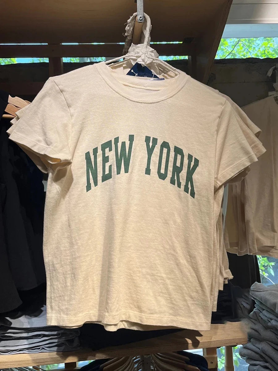 Fashion Letter Print Short Sleeve Tee Women New Casual O-neck Solid Streetwear Retro T-shirts Harajuku Vintage Chic Y2K Crop Top