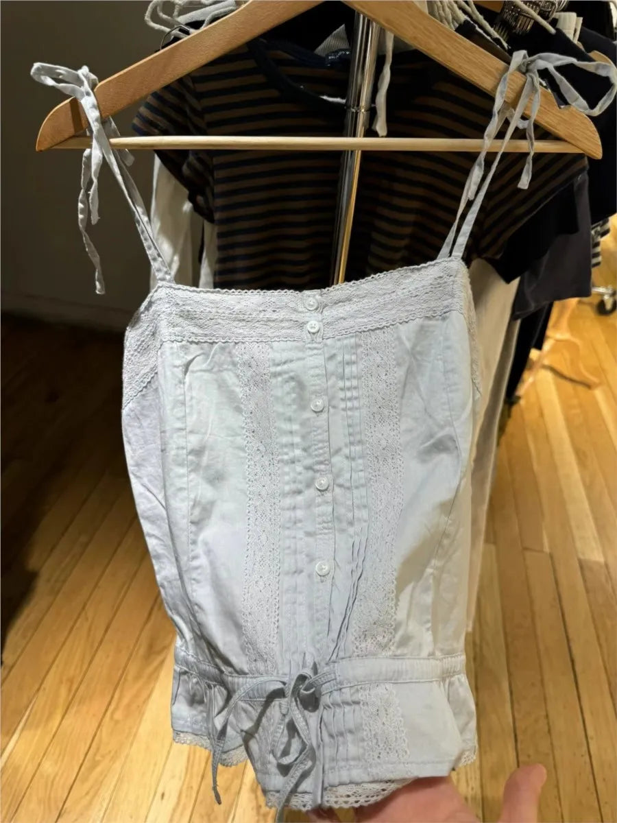 Blue Hollow Out Strappy Tank Tops Women Summer New Cotton Slim Ruffles Buttons Cropped Vests Y2K Sweet Cute Streetwear Camisole