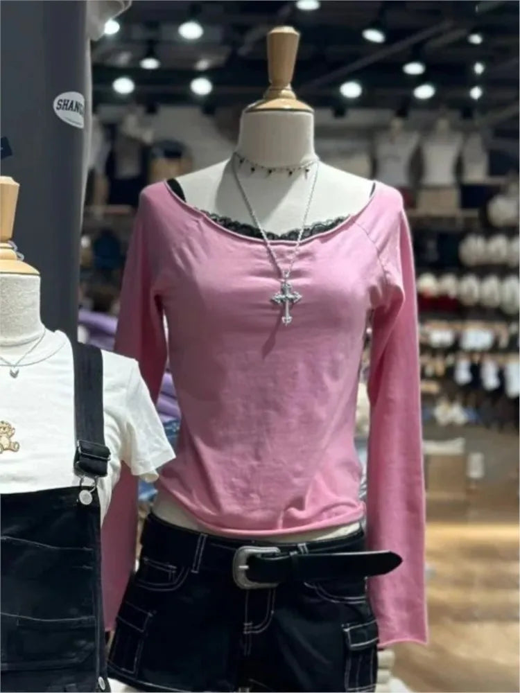 Rose Pink Raw Hem Long Sleeve Tees Women Autumn New Casual Cotton Slim Scoop Neck Crop Tops Femme Sweet Vintage Cute T-shirts