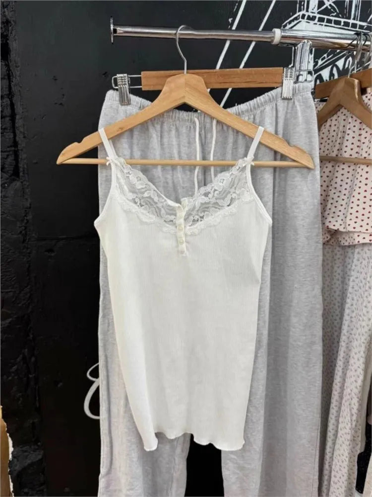 Fashion White Lace Trim Button Ribbed Slim Tank Top Women Summer Sleeveless Cotton Simple Vest Vintage Sweet Basic Camis Y2K Top