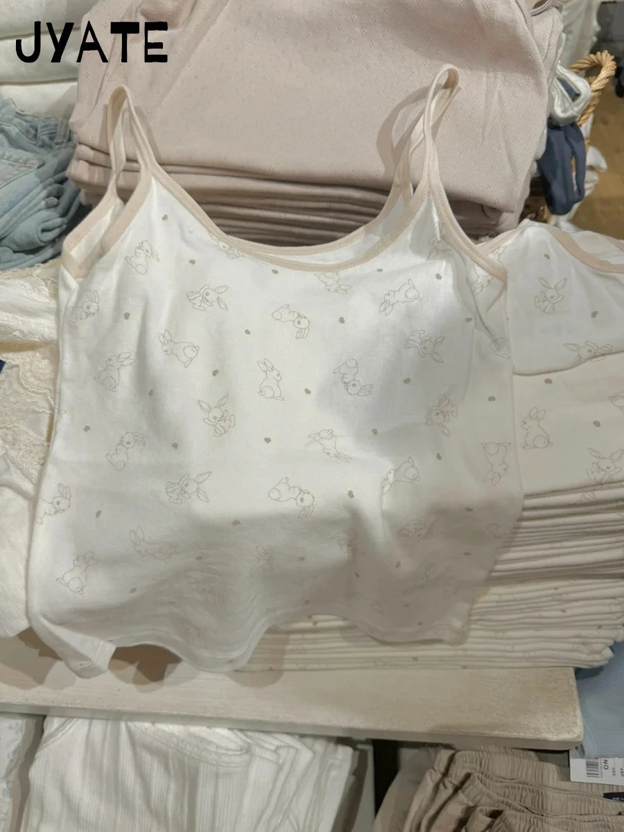 Sweet Rabbit Print Patchwork Tank Tops Women New Casual Cotton Preppy Style Cropped Sleeveless Vests Girl Cute Vintage Camis Y2K