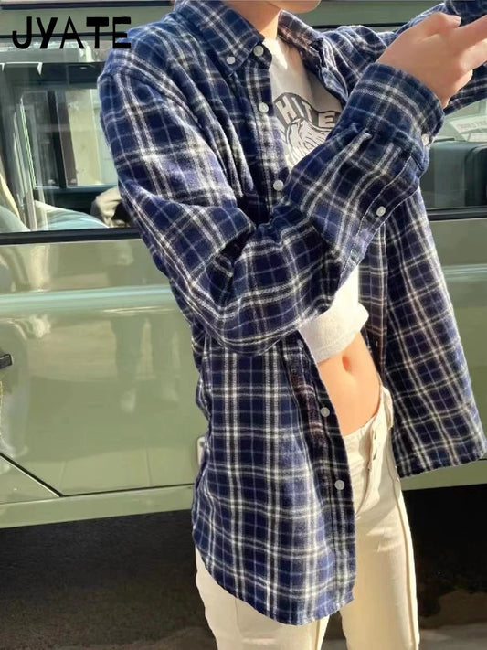 American Navy Plaid Long Sleeve Tees Blouse Women New Loose Casual Single-breasted Lapel Tops Vintage Chic Simple T-shirts Y2K