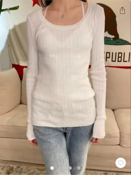 Autumn New White Knit Slim Long Sleeve Tees Women Fashion U-neck Cotton Soft T-shirt Cute Preppy Style  Casual T Shirt Y2K Top