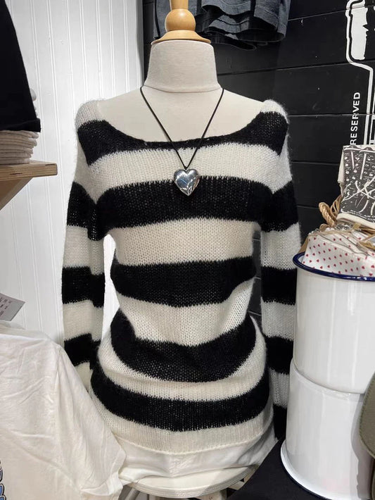 New Striped Knitted Long Sleeve Woman Scoop Neck Cotton Thin Smock Autumn Casual Vintage Streetwear Tee Shirts Y2k Tops Clothes