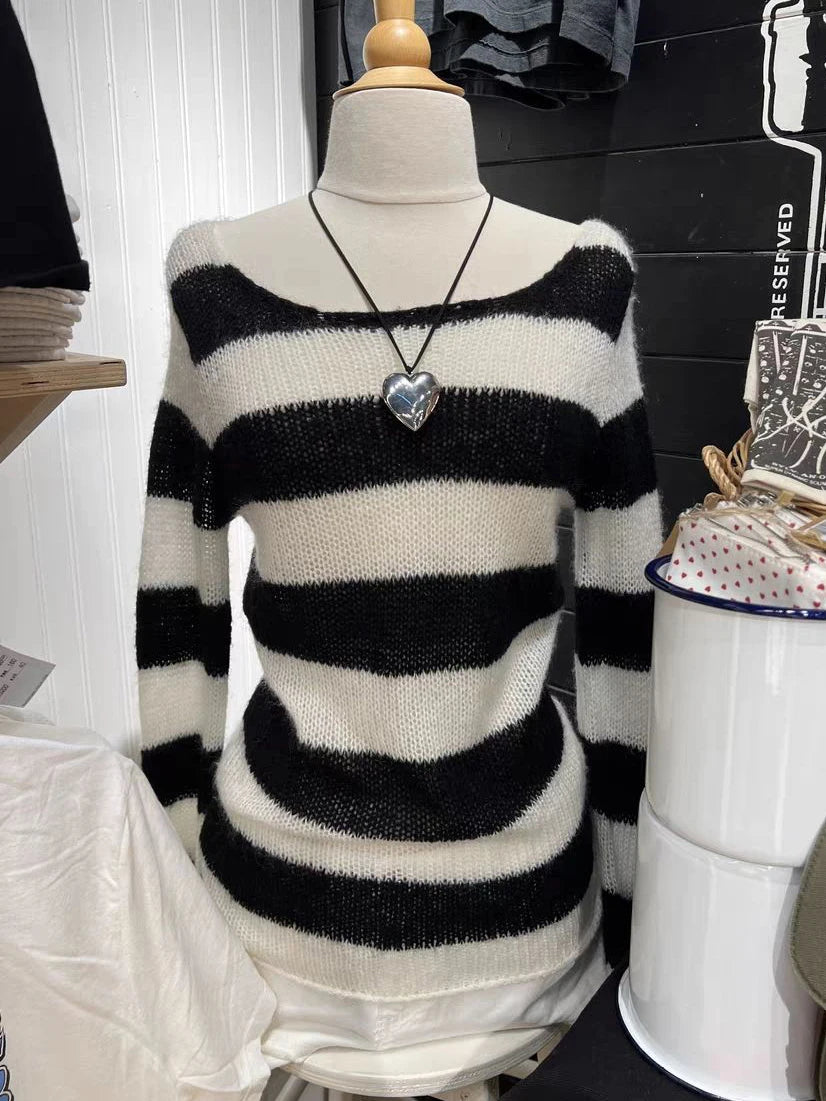 Striped Knitted Long Sleeve Woman Scoop Neck Cotton Thin Smock Autumn Casual Vintage Streetwear Tee Shirts Y2k Tops New Clothes