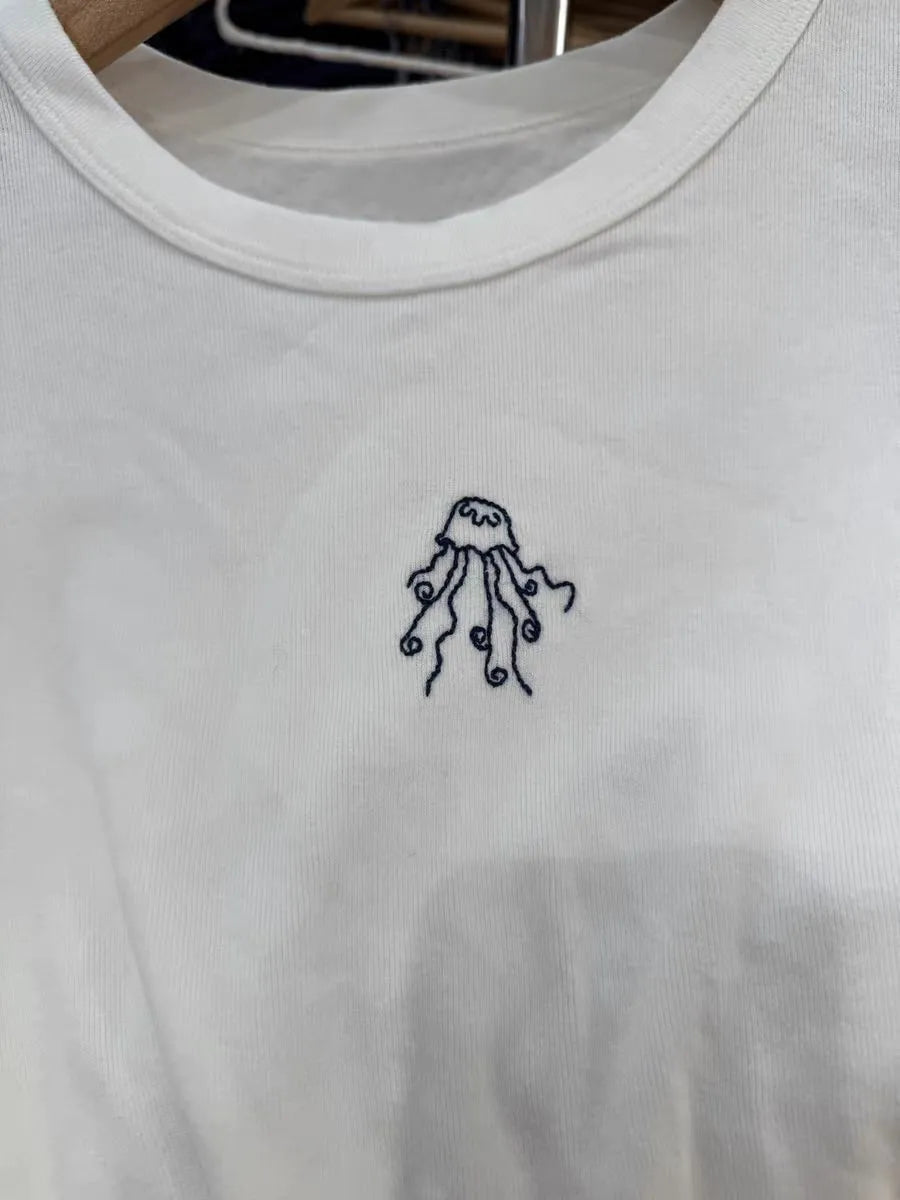 Cute Jellyfish Embroidery Crop Top Woman Summer Round Neck Short Sleeve Cotton Cropped Tees Sweet Preppy Style Slim Tshirts Tops