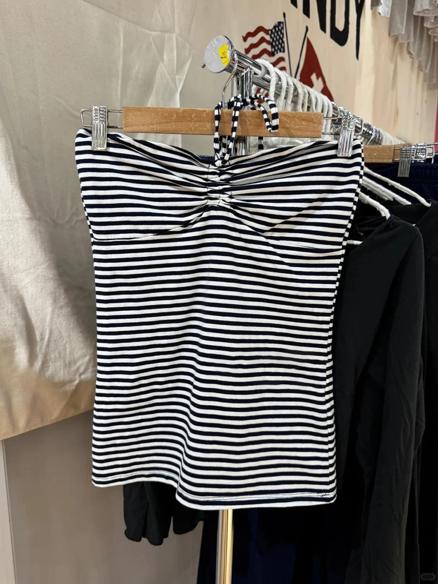Cute White Drawstring Folds Strapless Tank Top Women Summer Cotton Slim All-match Camis Female Sweet Preppy Style Vest Y2K Tops