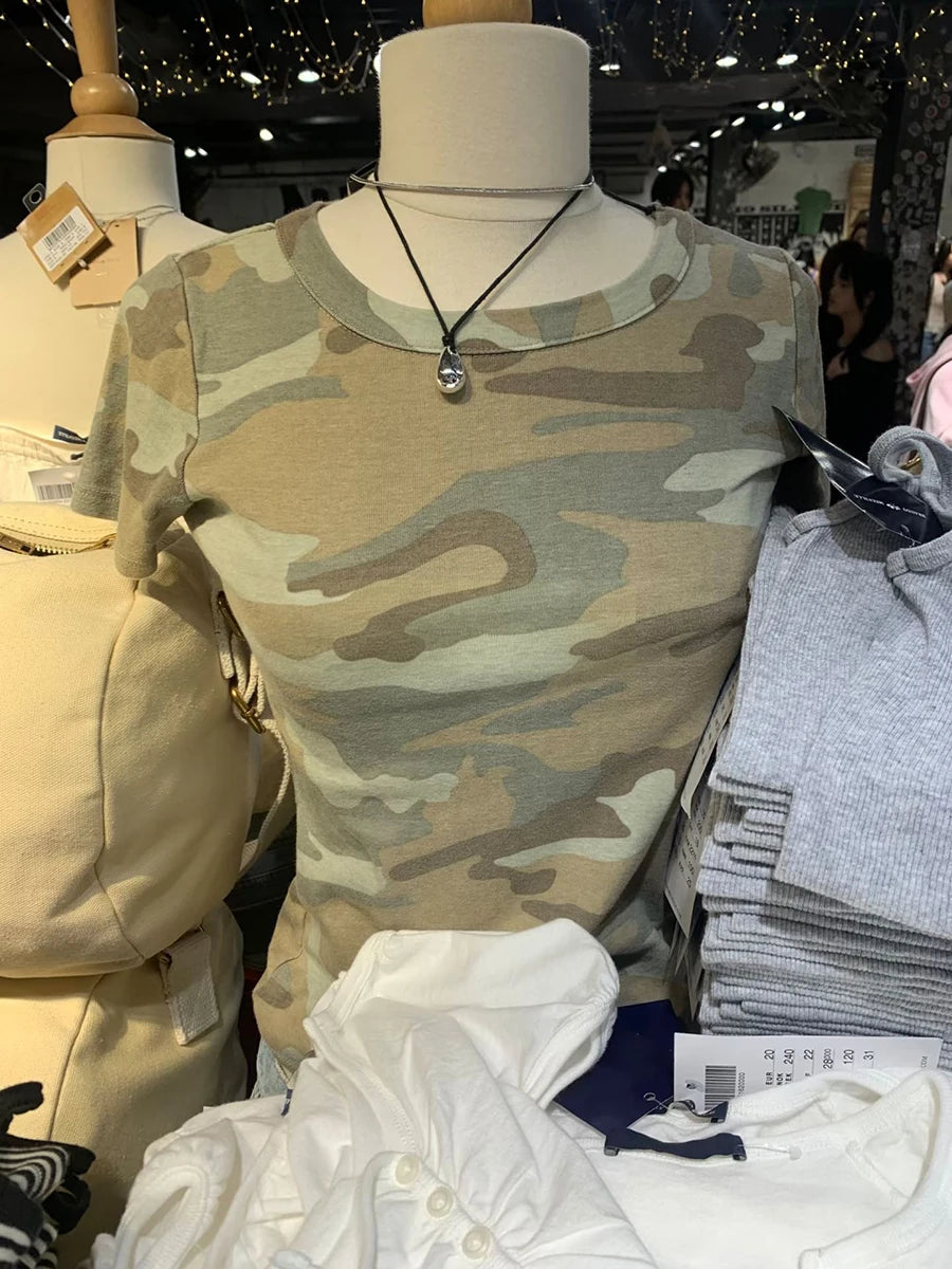 Camouflage Cotton T-shirts Women Streetwear Simple O-neck Short Sleeve Slim Tee Tops American Vintage Casual Tshirts Y2k Top