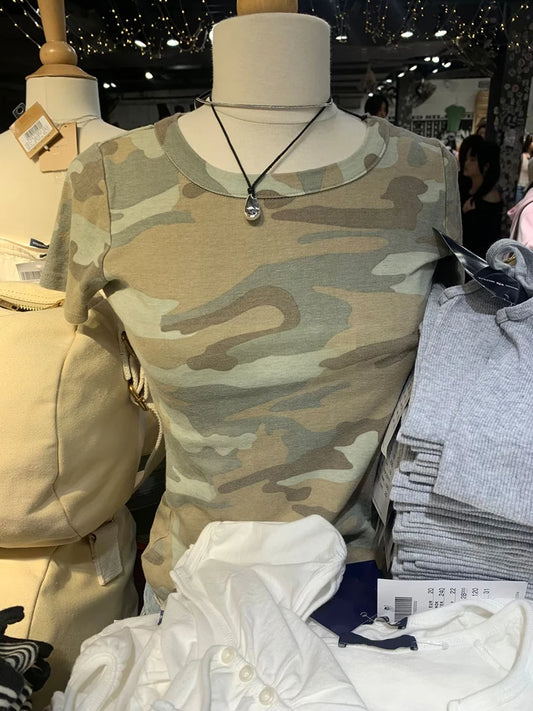 Camouflage Cotton T-shirts Women Streetwear Simple O-neck Short Sleeve Slim Tee Tops American Vintage Casual Tshirts Y2k Top