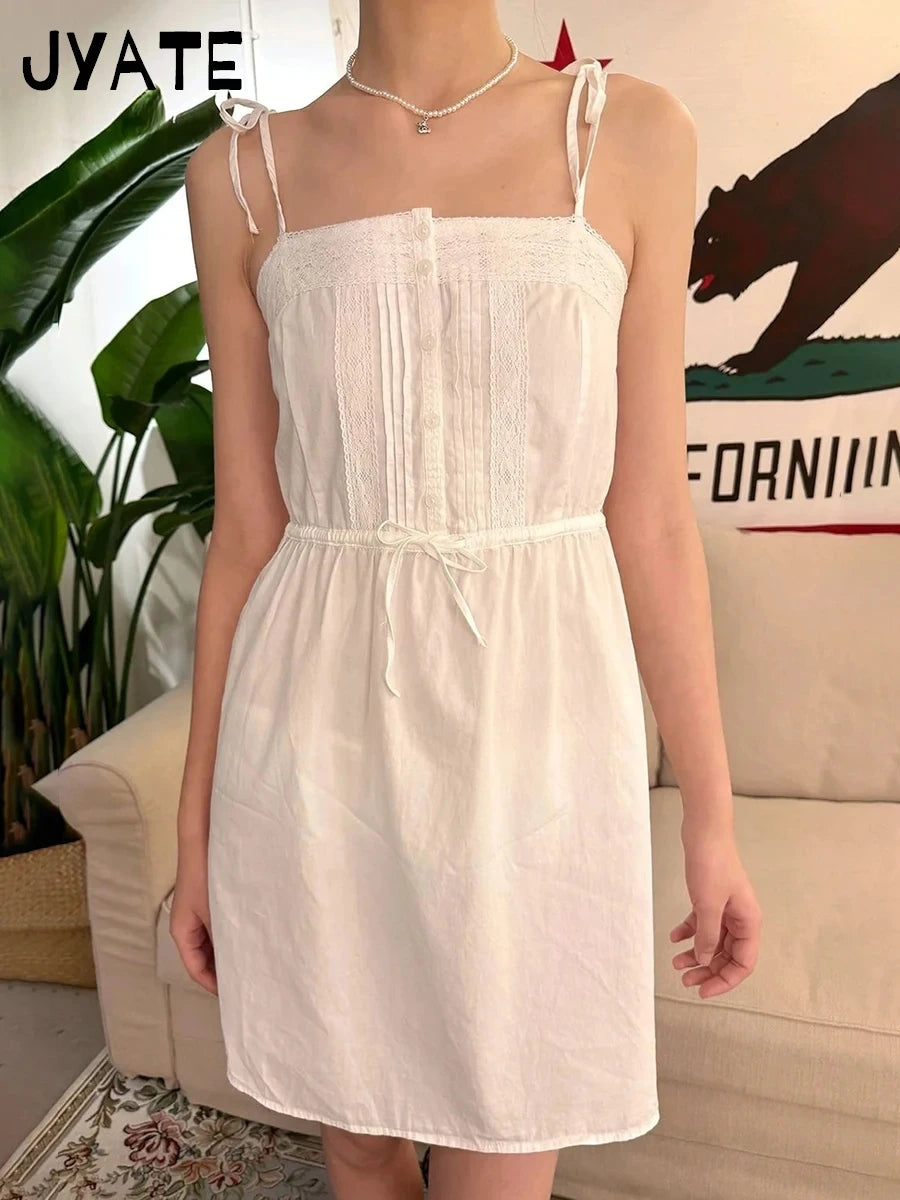 White Lace Trim A-line Dress Women Summer New Cotton Casual Preppy Style Short Vestidos Sweet Casual Preppy Style Mini Dresses