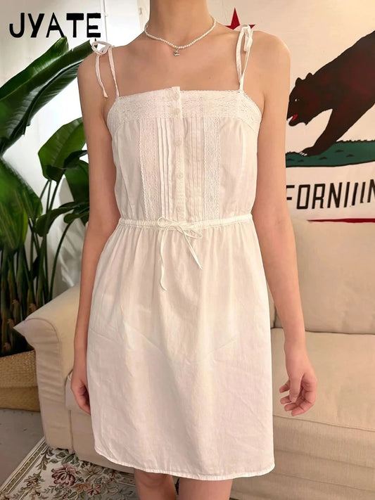 White Lace Trim A-line Dress Women Summer New Cotton Casual Preppy Style Short Vestidos Sweet Casual Preppy Style Mini Dresses