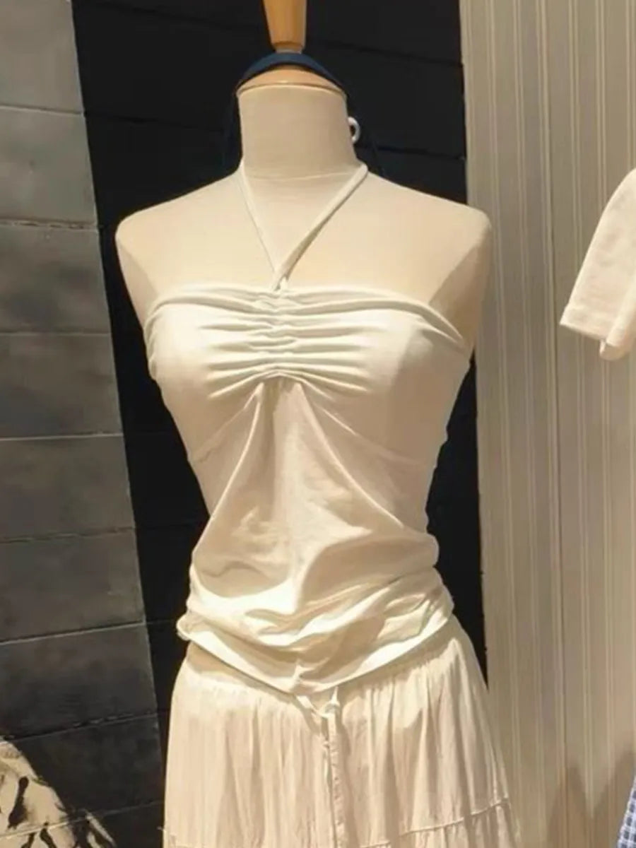 Sweet V-neck Halter Tank Tops Women Summer New All-match Sexy V-neck Slim Camisole Casual Vintage Preppy Style Cute Crop Top Y2K