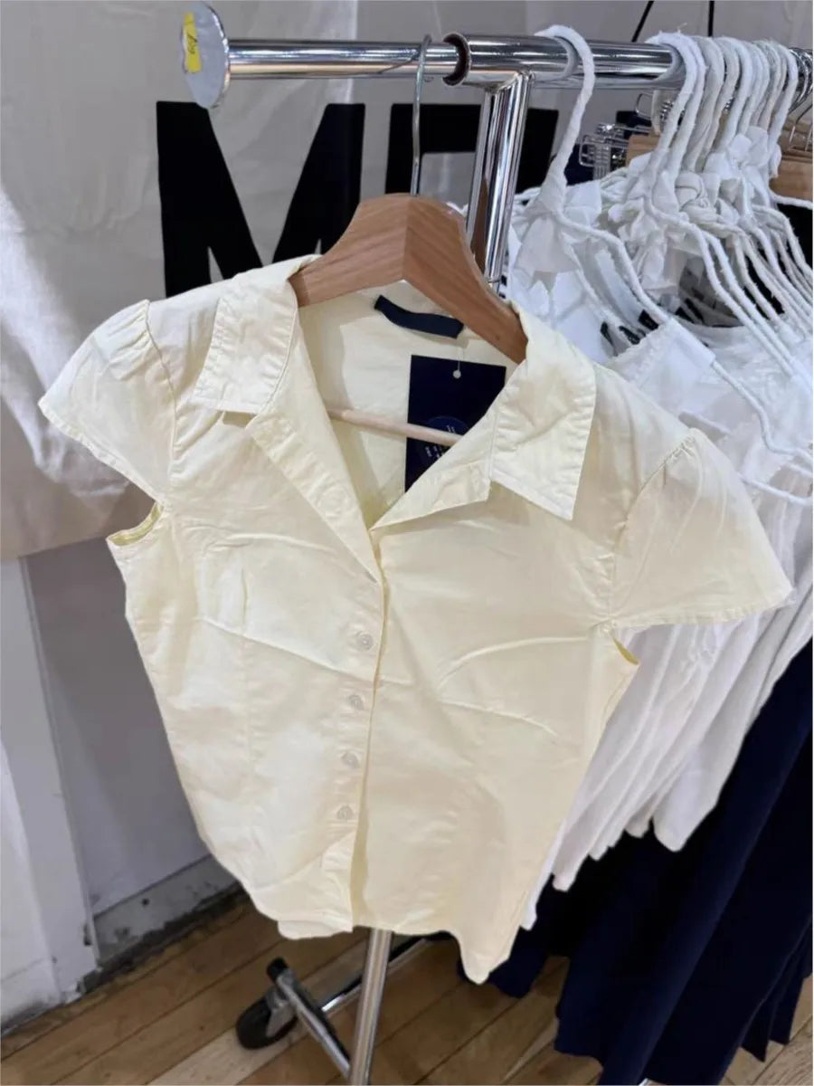 Butter Yellow T-Shirts Blouse Women Summer Turn Down Collar Single Breasted Short Sleeve Tees Sweet Cute Vintage Tshirt Y2K Tops