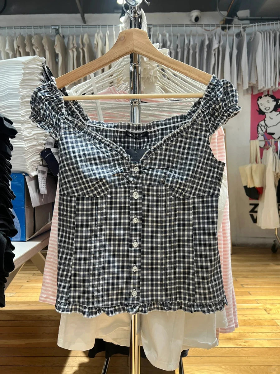 Dark Blue Folds Ruffle Sleeveless Blouse Top Women Summer Casual Single Breasted Tank Tops Vest Vintage Chic Simple Camisole Y2K