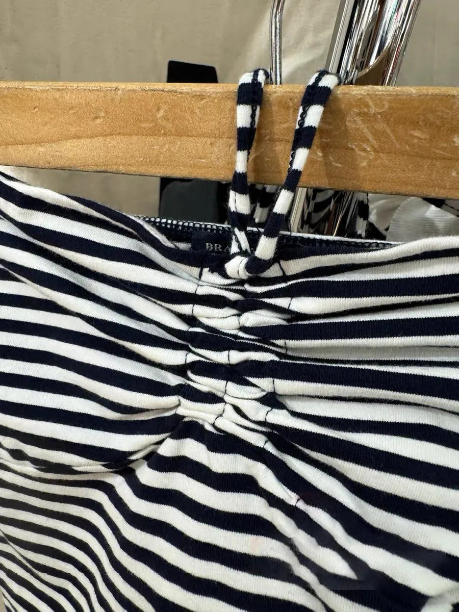 Striped Drawstring Folds Strapless Tank Tops Women New Summer Cotton Slim All-match Vest Vintage Sweet Preppy Style Camisole Y2K