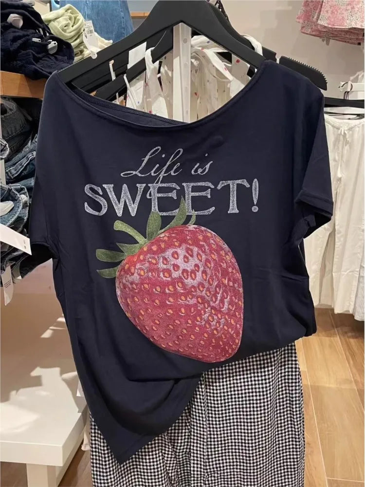 Strawberry Print Cotton T-shirts Women Summer Sexy Slash Neck Loose Short Sleeve Tees Female Sweet Streetwear Preppy Style Tops
