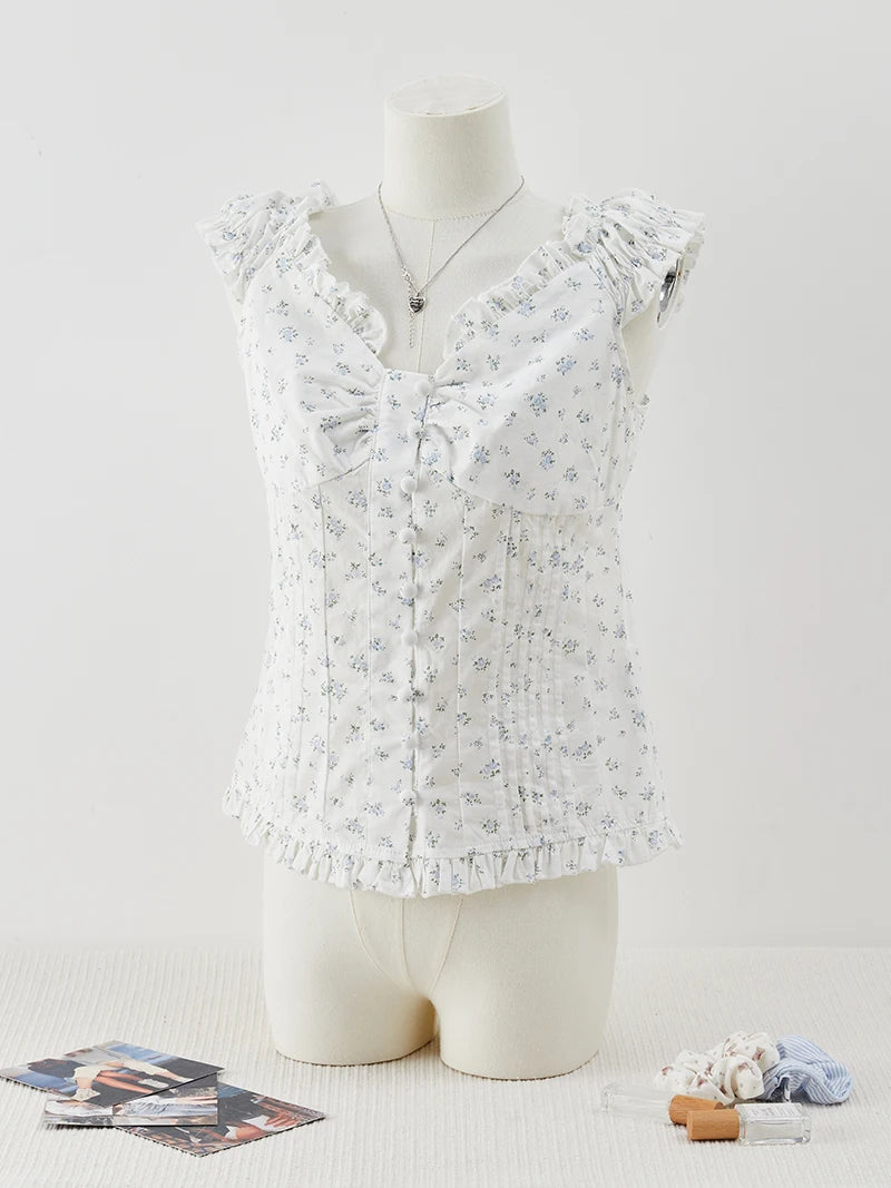 Blue Plaid Folds Blouse Top Women Casual Cotton Single Breasted Ruffle Sleeveless Tank Tops Vest Y2K Sweet Preppy Style Camisole