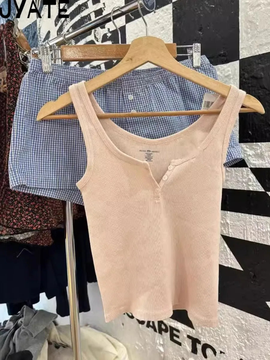 Pink Ribbed Cotton Tank Tops Women Summer New Casual Buttons U-neck Sleeveless Vests Sweet Basic Simple Preppy Style Camis Y2K