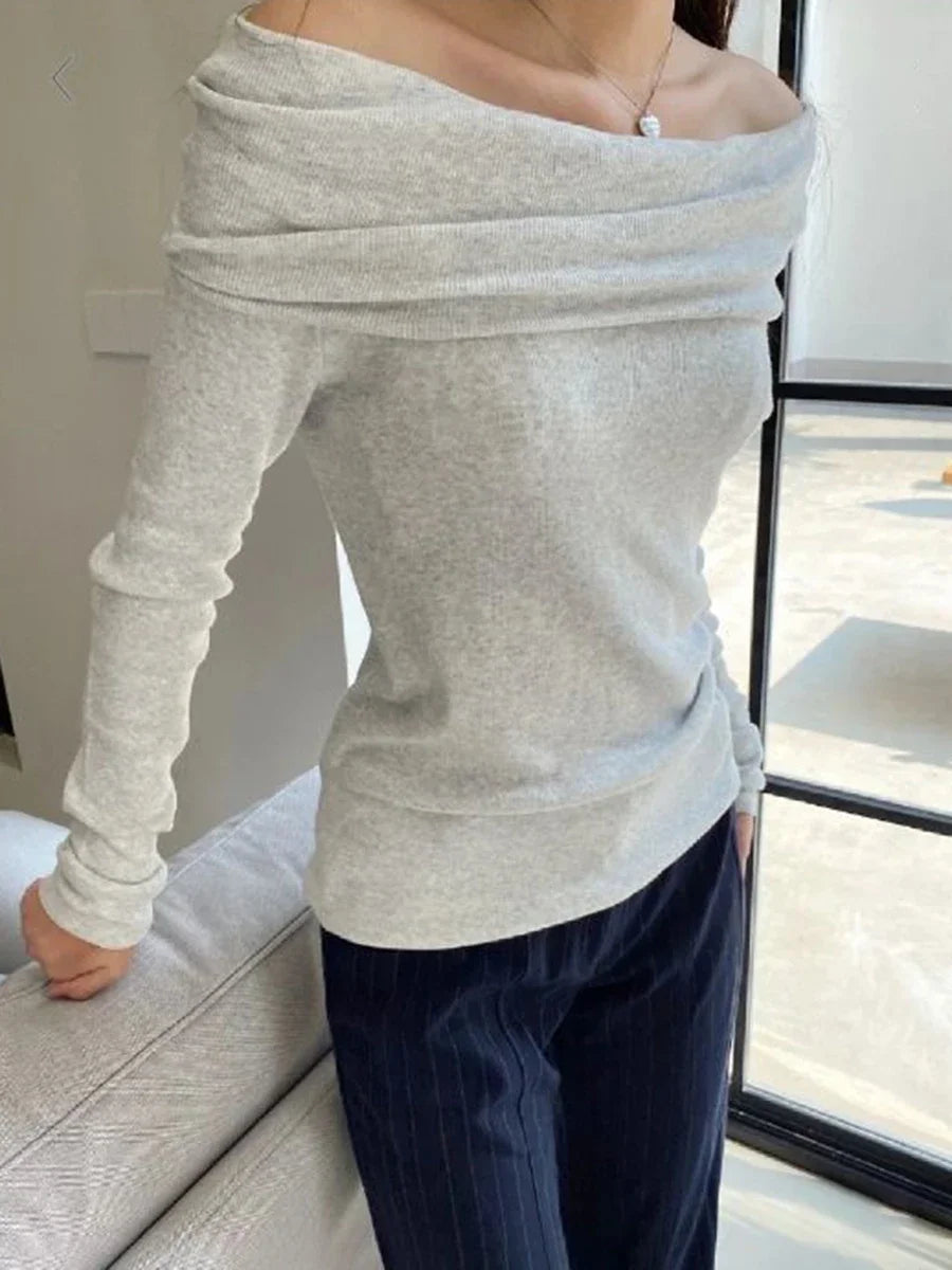 Simple Gray Knitted Long Sleeve T-shirts Women Autumn Soft Cotton Sexy Slash Neck Slim Tees Sweet Streetwear Sweet Tshirts Y2K