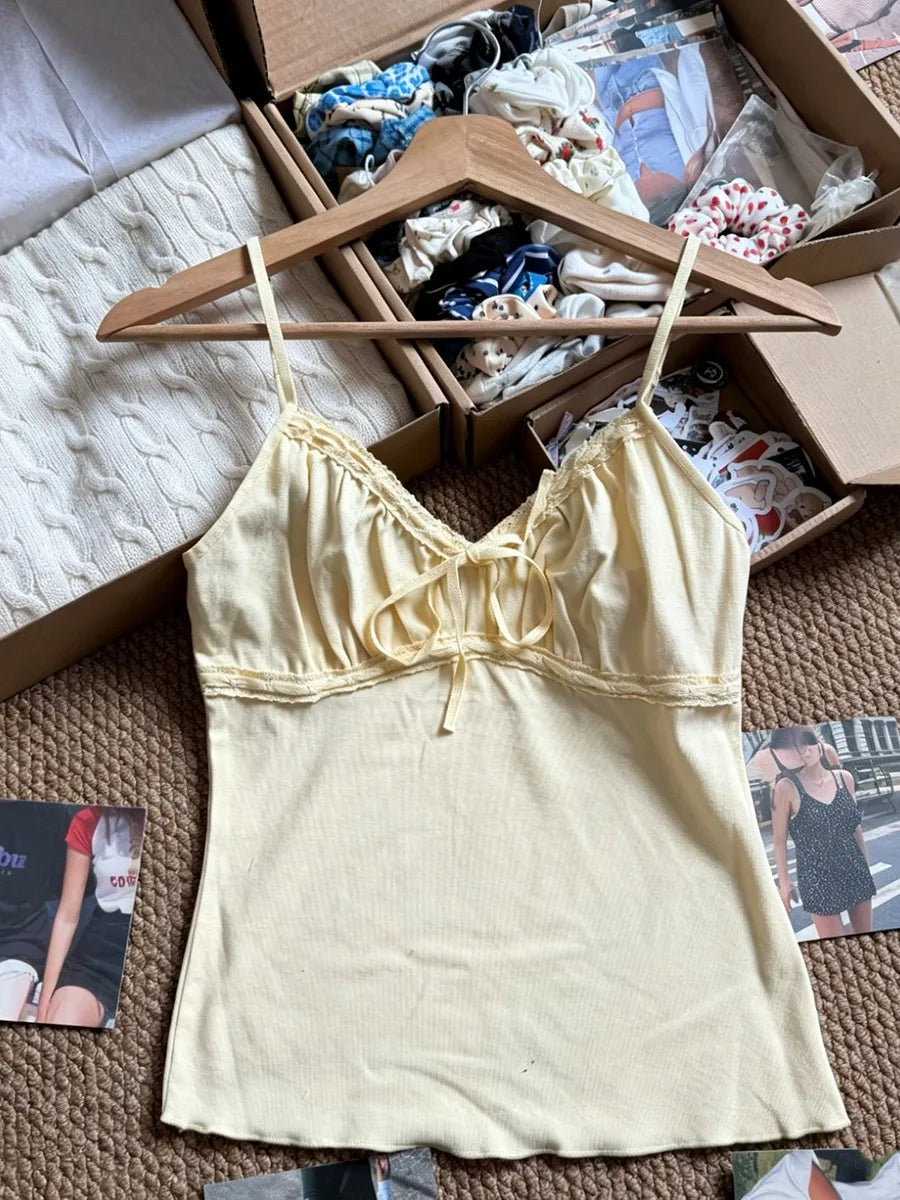 Solid Lace Trim V-neck Tank Tops Women Summer Casual Simple Lace-up Cotton Slim Sleeveless Vests Sweet Cute Elegant Camisole Y2K