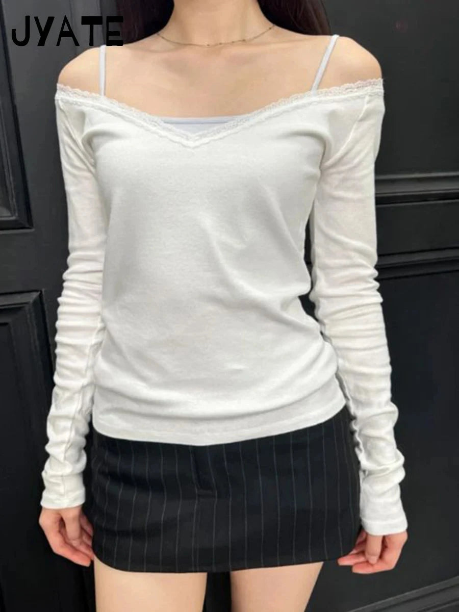New Lace Trim V-neck Long Sleeve Tees Women 2024 Cotton Soft Casual Simple Basic Slim Tops Sweet Cute Preppy Style T-shirts Y2K