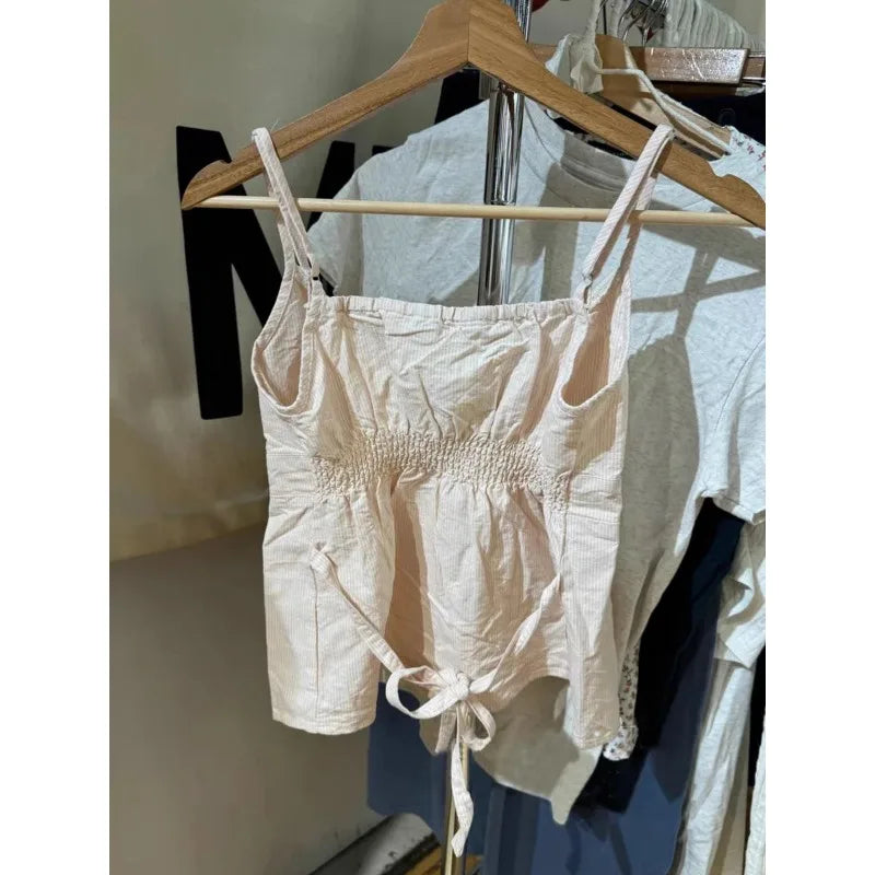 Sweet Pink Stripe Lace-up Tank Top Women Lace Trim Buttons V-neck Cotton Camis Summer Vintage Streetwear Sleeveless Crop Top Y2K