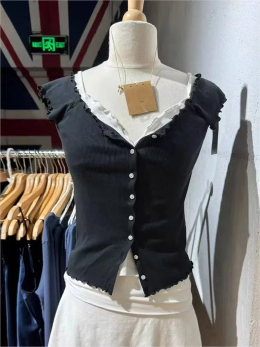 Black Fungus Trim Slim T-shirt Woman Summer Simple O-neck Ribbed Single Breasted Short Sleeve Cotton Tee Casual All-match Tops