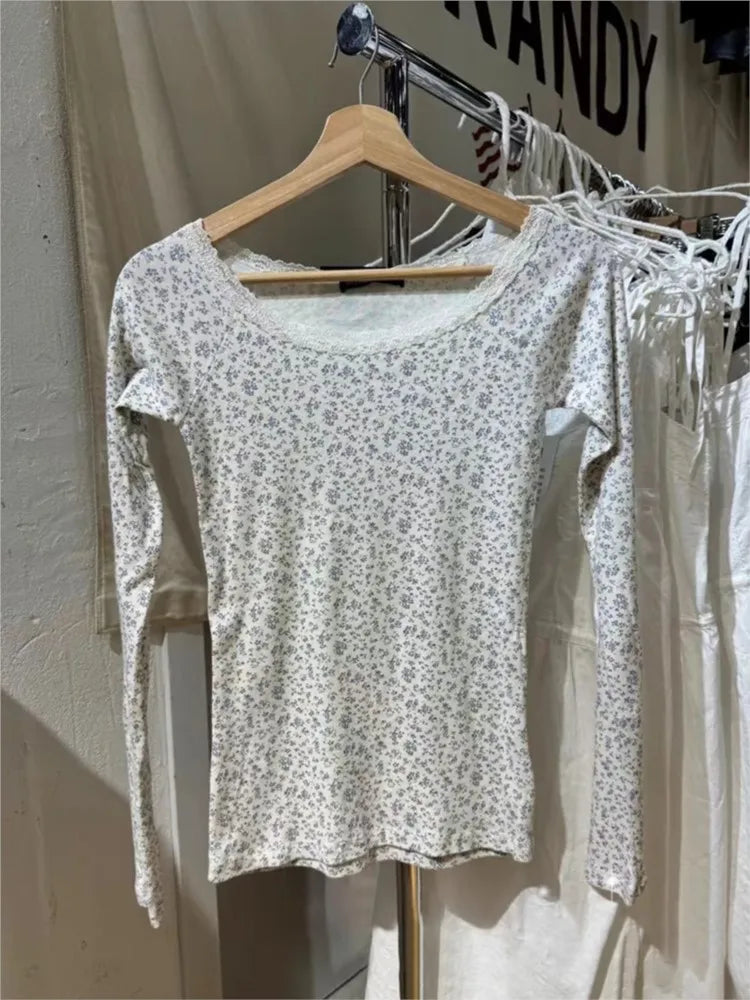 Sweet Floral Lace Trim Long Sleeve T-shirt Women Autumn Sexy Scoop Neck Cotton Slim Tees Vintage Streetwear Chic Tshirt Y2K Tops