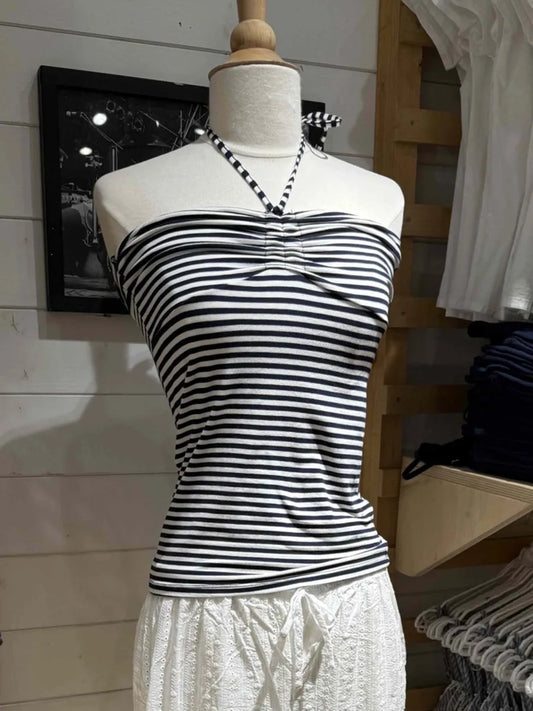 Striped Drawstring Folds Strapless Tank Tops Women New Summer Cotton Slim All-match Vest Vintage Sweet Preppy Style Camisole Y2K