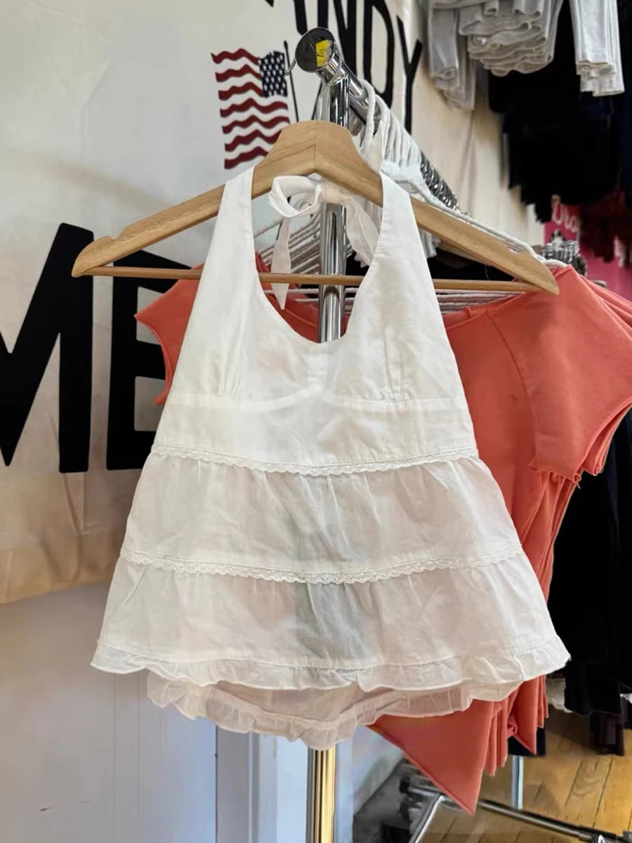 Lace Ruffles White Halter Tops Woman Summer Simple V-neck Sleeveless Cotton Cropped Camisole Cute Sweet Backless Slim Crop Top