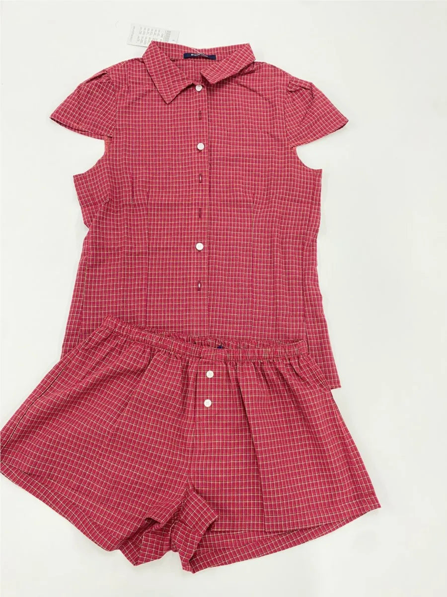 Vintage Red Plaid Blouse T-shirt Short Set Women Summer Buttons Tee+Straight Sweatshorts Suit Sweet Home Pajama 2 Piece Sets Y2K