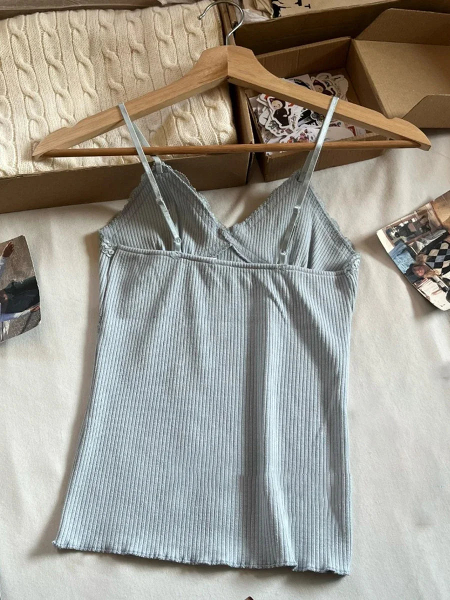 Sweet Lace Trim Blue V-neck Tank Tops Women Summer New Cotton Sleeveless Ribbed Slim Camisole Female Cute Vintage Vests Y2k