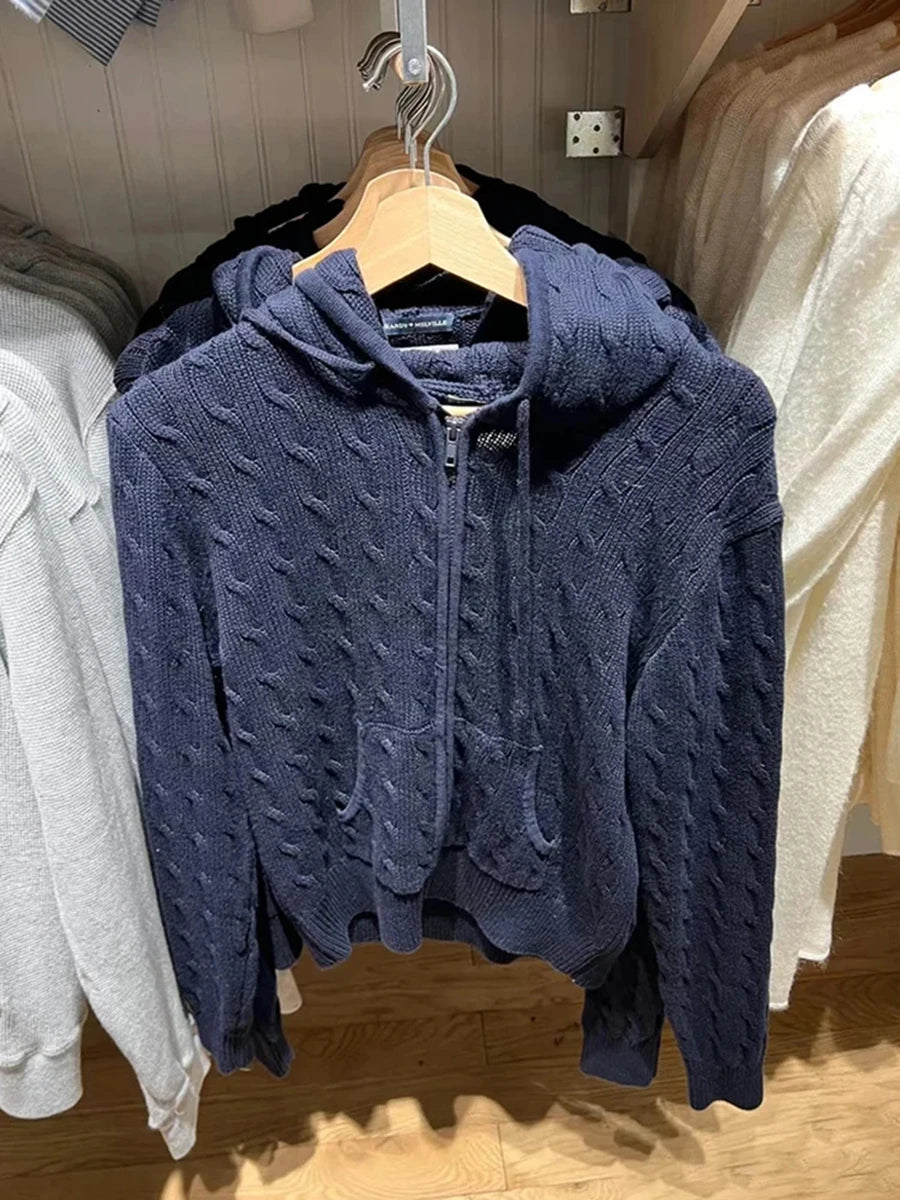 Simple Solid Twisted Flower Knit Cardigan Sweater Women Autumn Long Sleeve Pocket Hooded Zipper Coat Sweet Preppy Style Knitwear