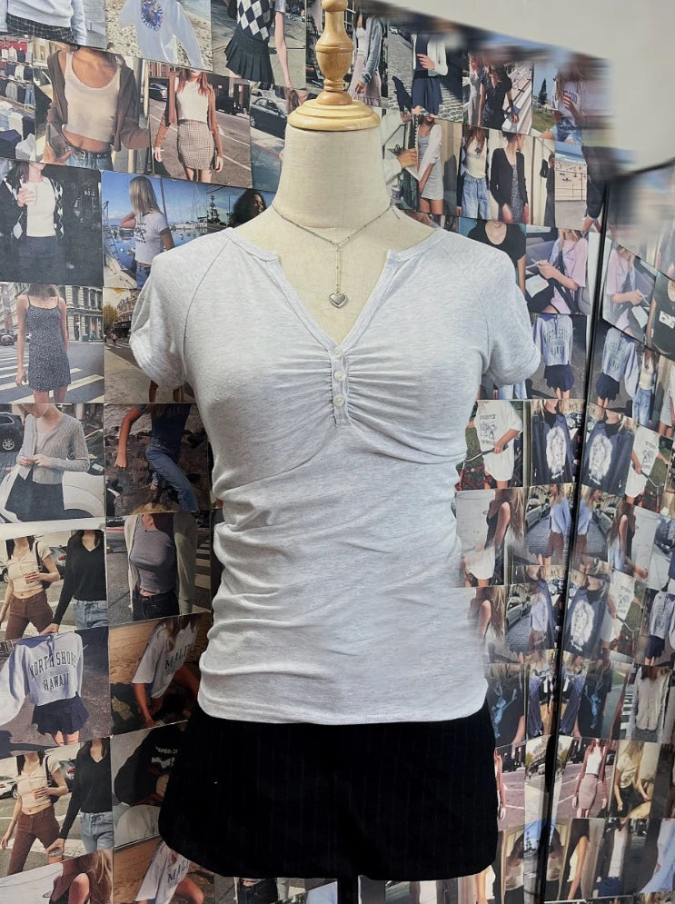 White V-neck Buttons T-shirts Women Simple All-match Casual Cotton Slim Short Sleeve Tee Sweet Cute Preppy Style Tshirt Y2K Tops