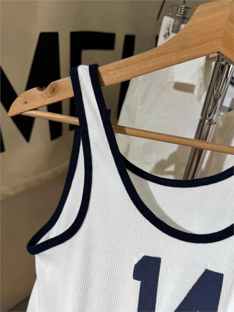 Vintage 14 Print Ribbed Slim Tank Top Women Spring U Collar Sleeveless Cotton Camisole Top Casual Streetwear Sweet Vest Y2K Tops