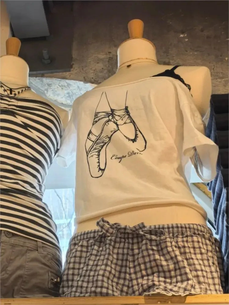 Raw Hem Slash Neck Crop Top Women Simple Ballet Shoes Print Slim Short Sleeve Tee Cute Sweet Preppy Style Cotton Tshirt Y2K