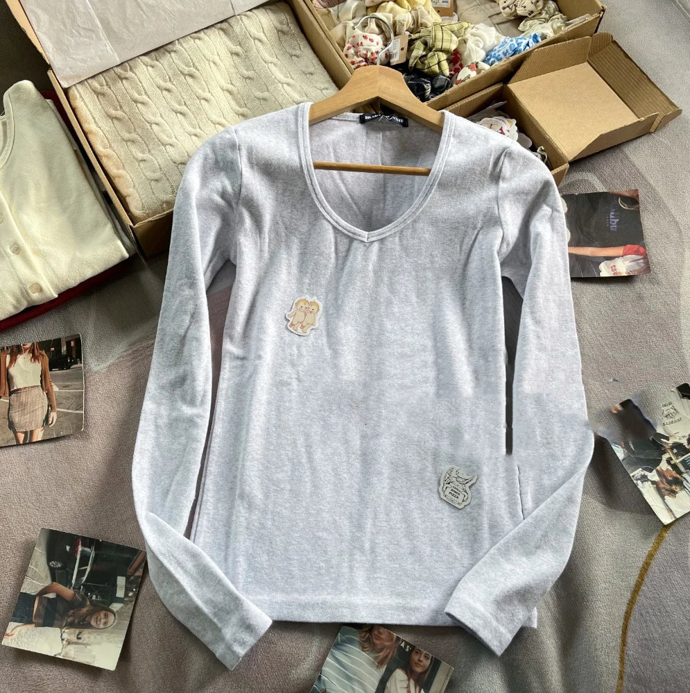 Solid V-neck Basic Long Sleeve Tees Women New Cotton Soft Simple Casual SlimTops Clothes All-match Simple T-shirts Spring