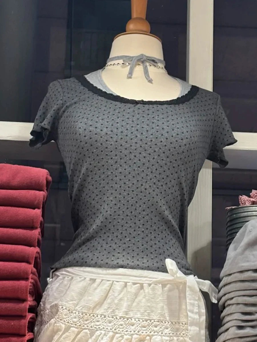 Dot Print Lace Trim Patchwork T-shirts Women New Cotton Casual O-neck Short Sleeve Tees Sweet Preppy Style Cute Tshirt Y2K Tops
