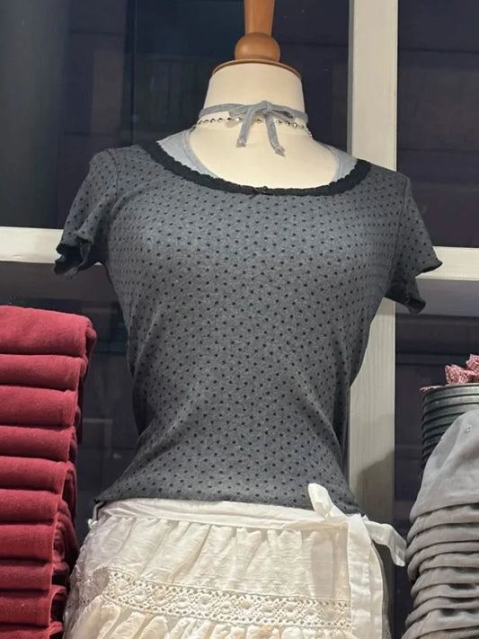 Dot Print Lace Trim Patchwork T-shirts Women New Cotton Casual O-neck Short Sleeve Tees Sweet Preppy Style Cute Tshirt Y2K Tops