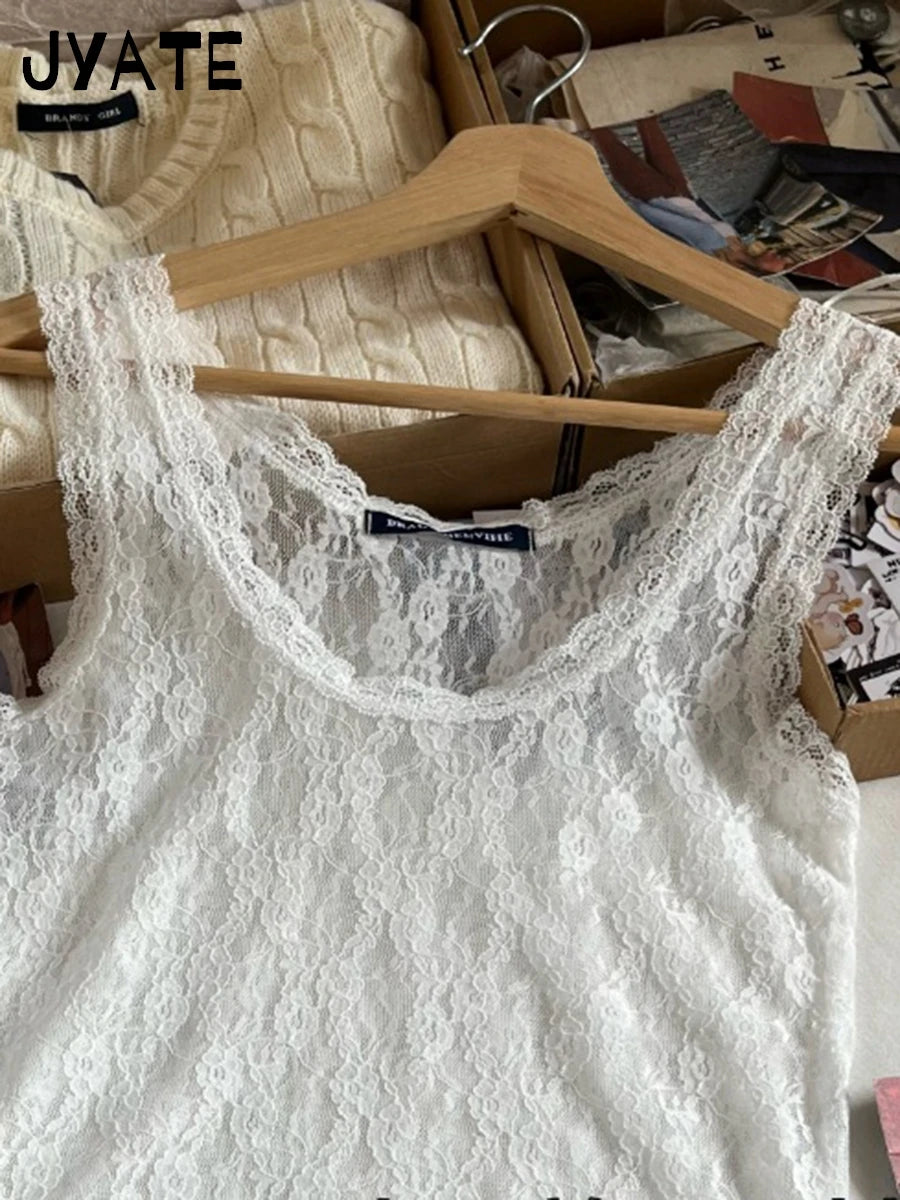 Sexy Solid U-neck Lace See Through Tank Tops Women Summer Casual Simple Sleeveless Vests Female New Vintage Sweet Crop Tops Y2K