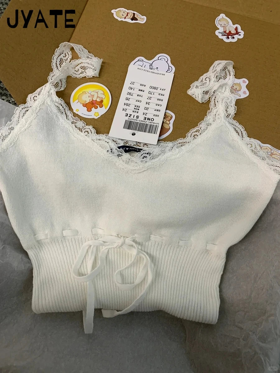 Sweet White Lace Trim Drawstring Knit Tank Tops Women Summer New Simple Cotton Slim High Waist Camis Cute Vintage Chic Vests Y2K