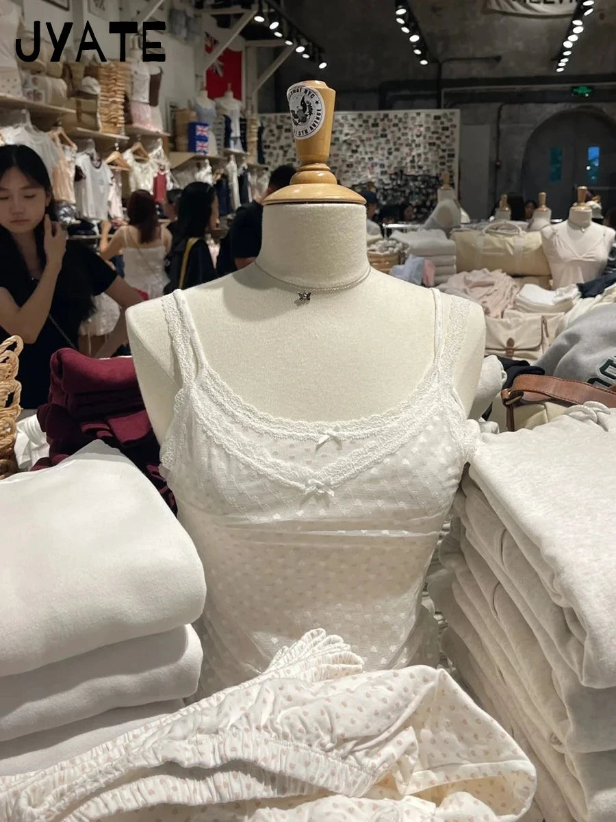 Harajuku Hearts Jacquard Sexy Sheer Crop Tops Women Casual Slim Thin Lace Trim Sleeveless Vests Vintage Chic Mesh Camisole Y2K