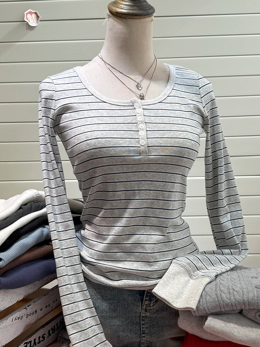 Autumn Red Striped Patchwork Long Sleeve Tees Women Casual Chic Cotton Buttons T-shirt Sweet Preppy Style Slim Tshirt Y2K Tops