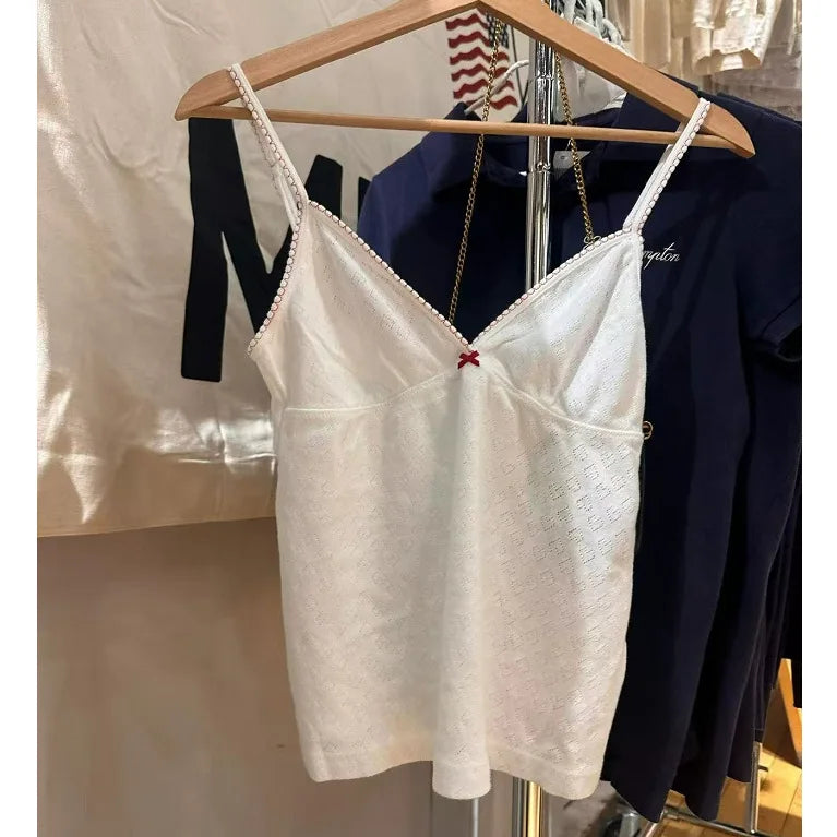 Navy Dot Fungus Trim Bow Tank Tops Women Casual Cotton Slim V-neck Sleeveless Camis Girls Cute Sweet Preppy Style Y2K Crop Top